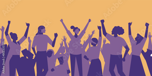 Vibrant silhouette illustration depicting a diverse group of people at a protest rally, raising their fists in solidarity and calling for change with a dynamic, unified spirit