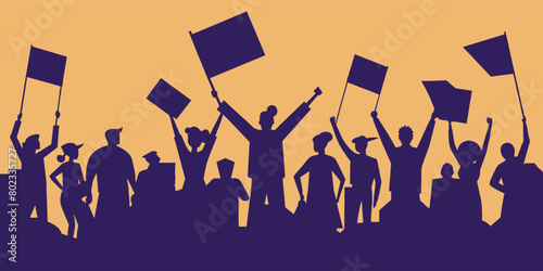 Powerful depiction of activism, with a diverse silhouette of people holding banners high during a protest, symbolizing unity and the fight for rights against a bold orange backdrop