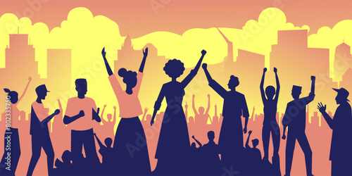 Diverse group of people gathers in a united, peaceful protest against a backdrop of an urban silhouette and a vibrant sunset, symbolizing hope and solidarity in activism