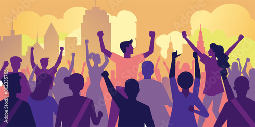 Silhouette illustration of a vibrant crowd protesting in a cityscape at sunset, people raising fists in solidarity, embodying strength, unity, and the fight for social justice