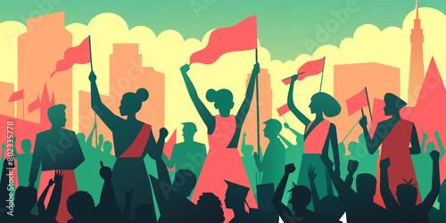 A vibrant illustration of a diverse group of people protesting passionately, holding signs and flags, uniting for a common cause against an urban skyline backdrop