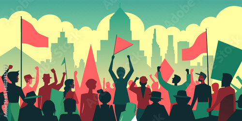 Colorful illustration of a diverse group of people united in protest, holding signs and flags with a city skyline in the background, symbolizing democratic activism and freedom of expression