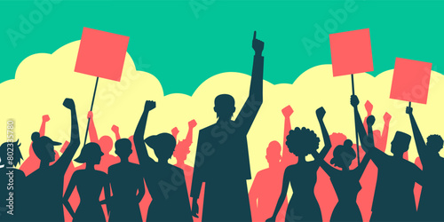 Illustration of a diverse group of people collectively protesting, raising signs, and fists in solidarity against a vibrant background, representing a powerful moment of unity and social activism