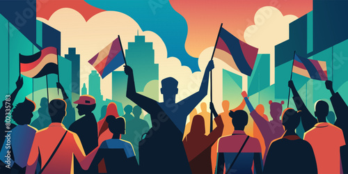 Vibrant illustration of a diverse crowd of people protesting in a cityscape, holding flags and signs, showing a sense of unity and determination in their cause
