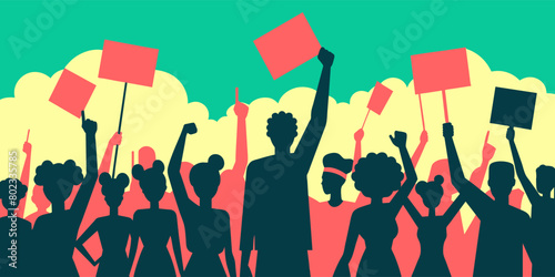 Illustration of a dynamic crowd protesting with raised placards and fists, symbolizing unity and determination in a vibrant display of civil engagement and activism
