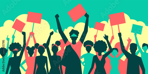 Vibrant illustration depicting a diverse group of people actively protesting, holding up signs with clear skies in the background, symbolizing unity and the power of collective voices