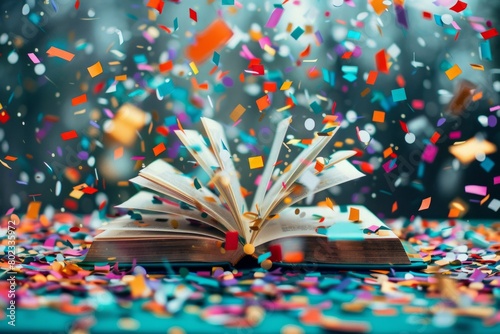 An open book surrounded by a burst of colorful confetti, symbolizing the joy and excitement of discovering new stories and knowledge. --ar 3:2 Job ID: beb1792f-bb10-4779-8993-8b560d9640ca