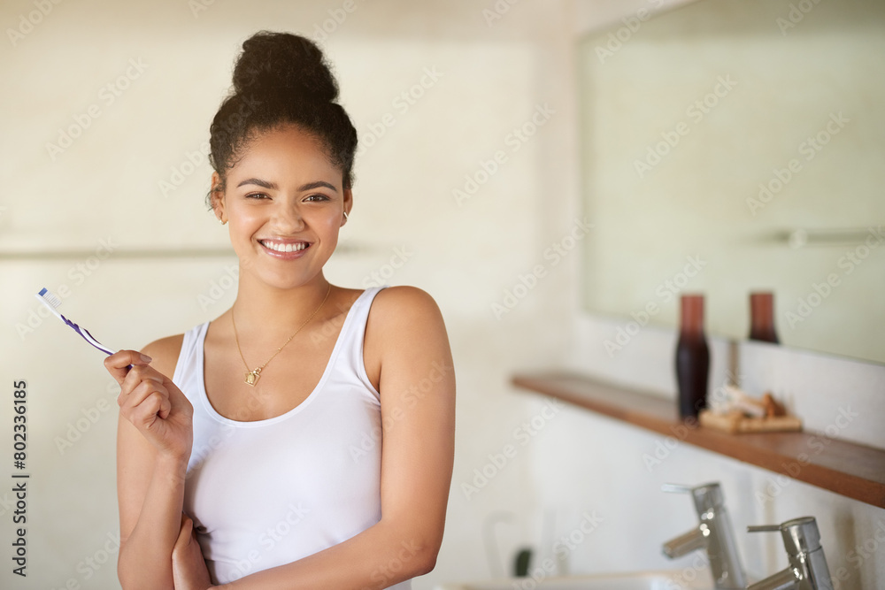 Smile, dental and portrait of woman with toothbrush in bathroom for morning hygiene routine. Happy, health and female person with oral care product for plaque, gums and fresh breath at home. Smile, dental and portrait of woman with toothbrush in bathroom for morning hygiene routine. Happy, health and female person with oral care product for plaque, gums and fresh breath at home.