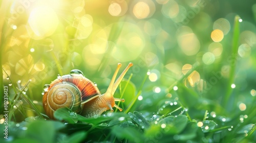 Beautiful lovely snail in grass with morning dew, macro, soft focus. Grass and clover leaves in droplets of water in spring summer nature. Amazingly cute artistic image of pure nature