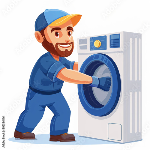 Illustration of repairman fixing washing machine