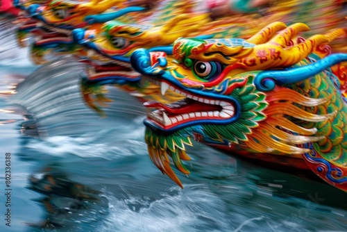 Create vibrant images of dragon boats with intricate designs, paddles in motion, and team coordination during the race. 