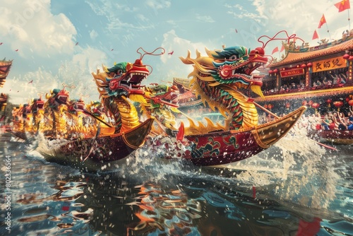 Dynamic scene of a Dragon Boat Festival race with multiple ornate dragon boats, their paddles slicing through the water in unison, with spectators cheering from the riverbank