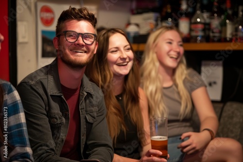 Group of friends having fun in a pub  drinking beer and talking