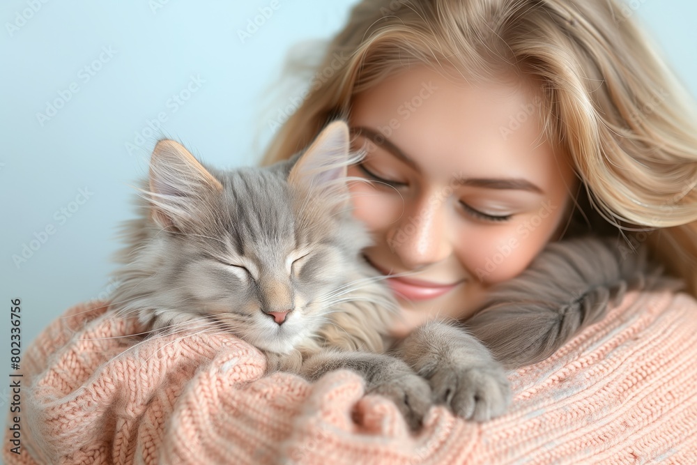 Woman cuddling a sleeping grey cat
