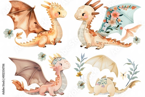 watercolor  cute and dreamy  dragon clipart set  floral dragons