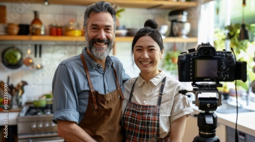 Smiling Duo Filming Cooking Show