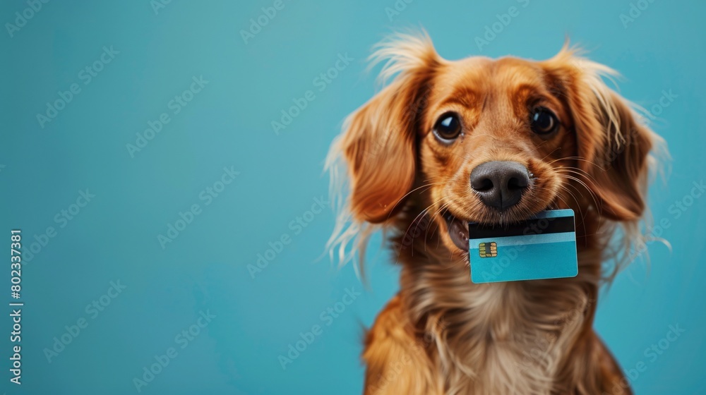 dog with credit card on isolated background