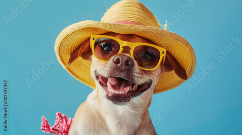 dog in straw hat and sunglasses on blue background © Spyrydon