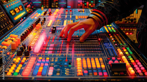 A detailed view of a sound engineer's hand fine-tuning controls on a brightly lit, colorful sound mixing board in a studio