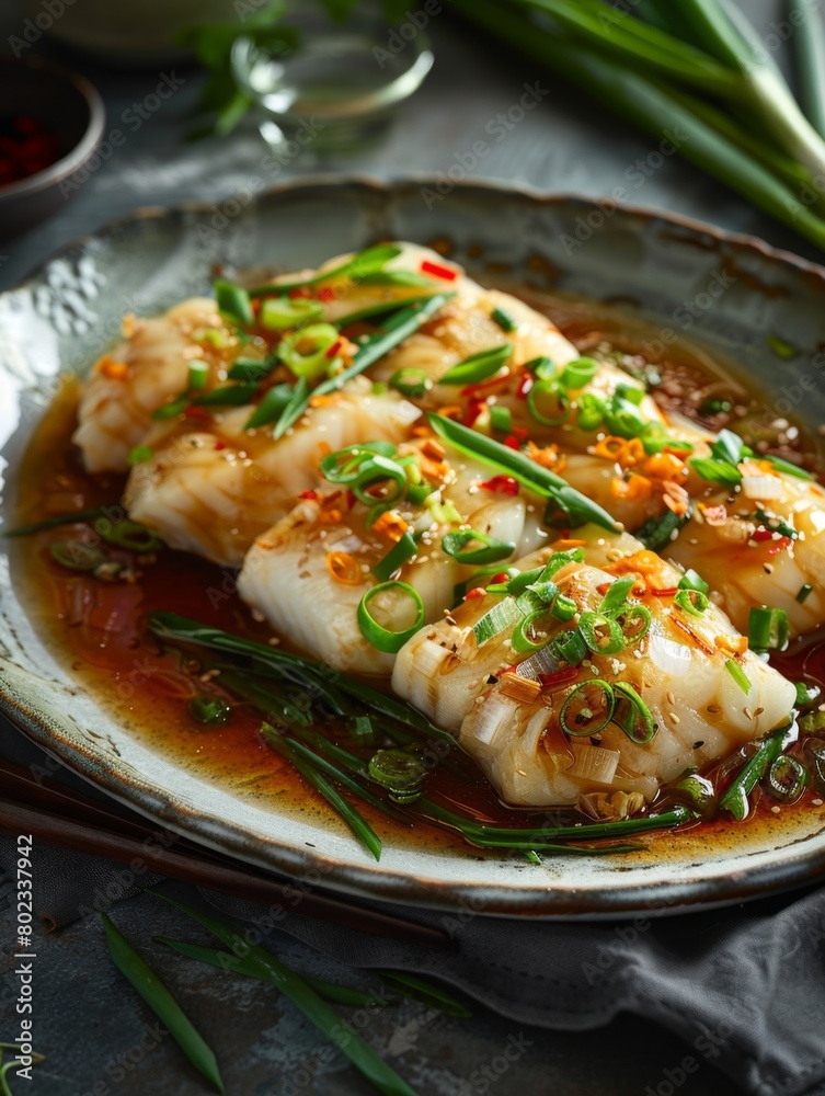 Chinese food, steamed fish with shredded green onions and ginger, seamless background