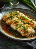 Chinese food, steamed fish with shredded green onions and ginger, seamless background