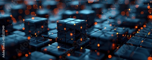 geometric background with dark blue cubes  glowing connections symbolizing concept blockchain technology  digital innovation and development in modern business and data communication style