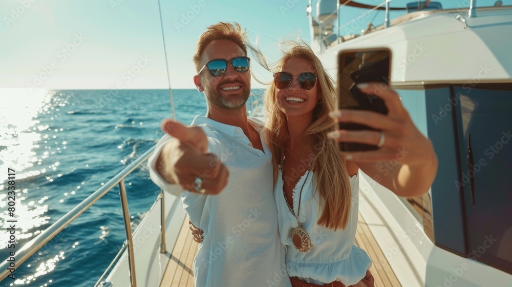 A lovely couple taking selfie on deck of yacht in sea.