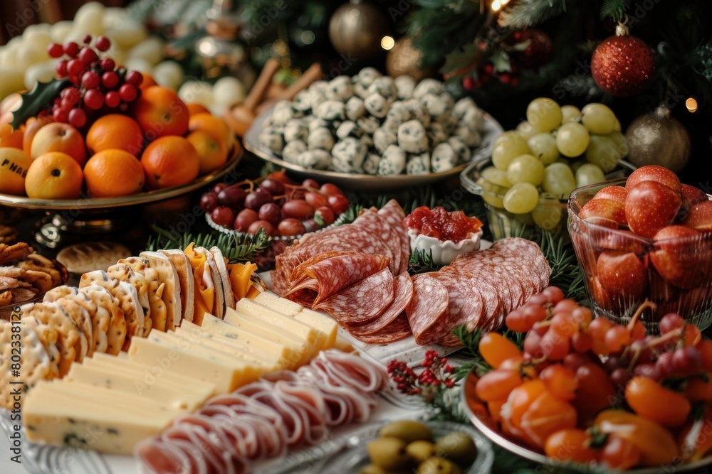 catering, snacks are on the table, ​​salami, cheese, olives, vegetables and fruits