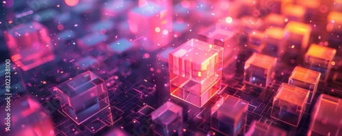 Geometric patterns of pink cubes intersect with luminous connections, embodying the concept of blockchain technology, representing cutting-edge digital progress in modern business and data transmissio