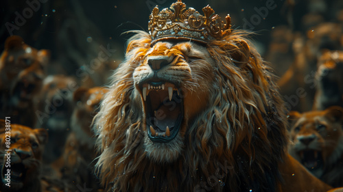 A regal lion adorned with a crown exudes power as it unleashes a mighty roar  commanding respect and awe