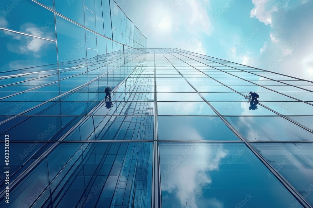 Obraz premium high-altitude workers wash windows on a modern building