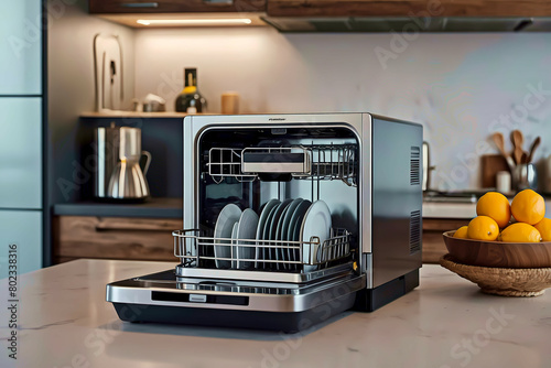 A stainless-steel countertop mini dishwasher with a neat modern kitchen as the backdrop.
