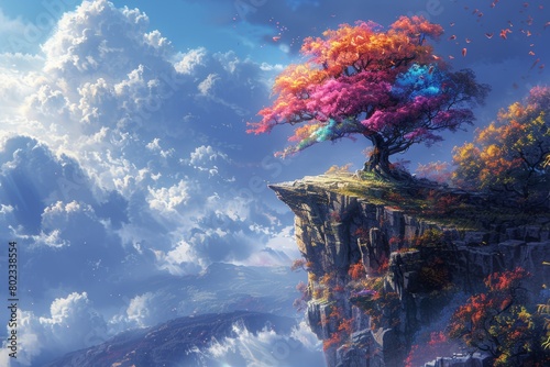 Colorful tree on the edge of a cliff, colorful clouds in the sky, a fantasy world view, Generative AI