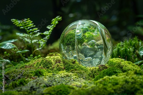 Glass globe in the forest with green moss and ferns