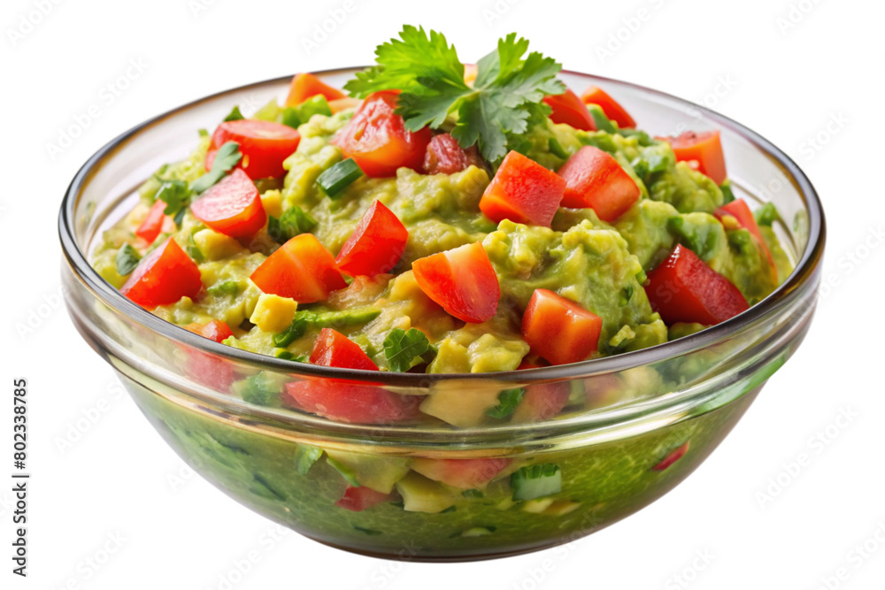 Isolated Bowl of Guacamole: A bowl of freshly made guacamole isolated on a transparent background, garnished with diced tomatoes and cilantro, great for Mexican cuisine menus and dip recipes.
