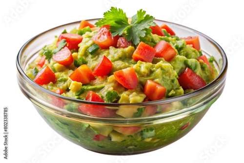Isolated Bowl of Guacamole: A bowl of freshly made guacamole isolated on a transparent background, garnished with diced tomatoes and cilantro, great for Mexican cuisine menus and dip recipes.  © No