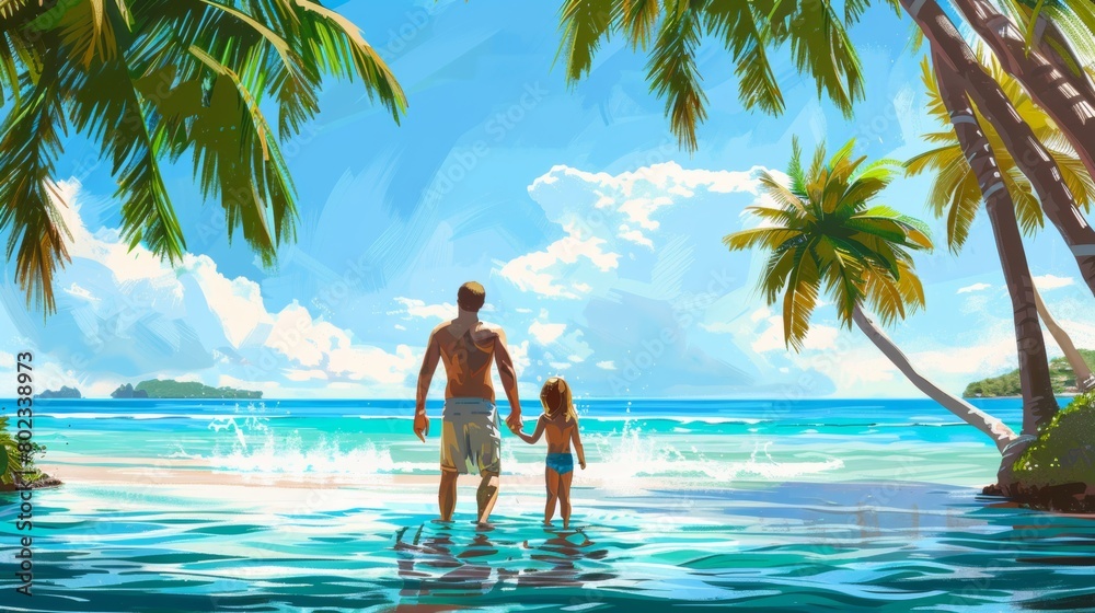 Family in tropical sea with palm tree in vacation. Family in tropical sea with palm tree in vacation.