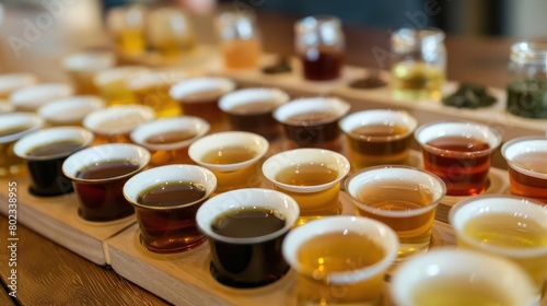 A variety of tea samples in ceramic cups, displaying a spectrum of colors from light to dark, offering a visual treat for tea enthusiasts.