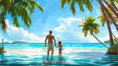 Family in tropical sea with palm tree in vacation.