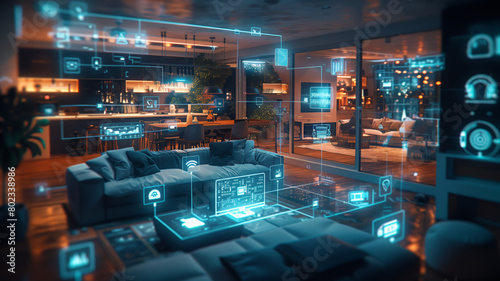 Smart home interior showcasing interconnected devices, eco-friendly tech interface