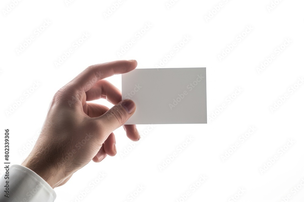 Close-up of a hand holding a blank business card isolated on a white background.
Close-up of a hand holding a blank business card isolated on a white background.