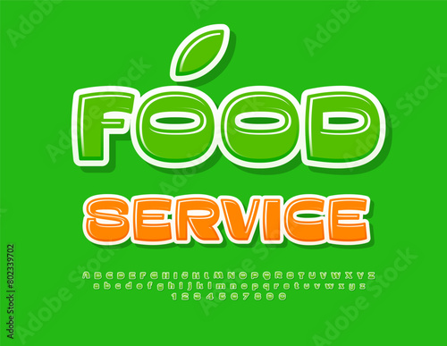 Vector emblem concept Food Service. Green creative Font. Unique Alphabet Letters and Numbers set