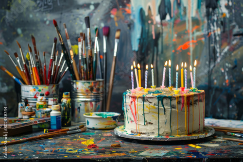 creative and artistic birthday cake with candles, surrounded by paintbrushes and art supplies, in a studio or workshop setting