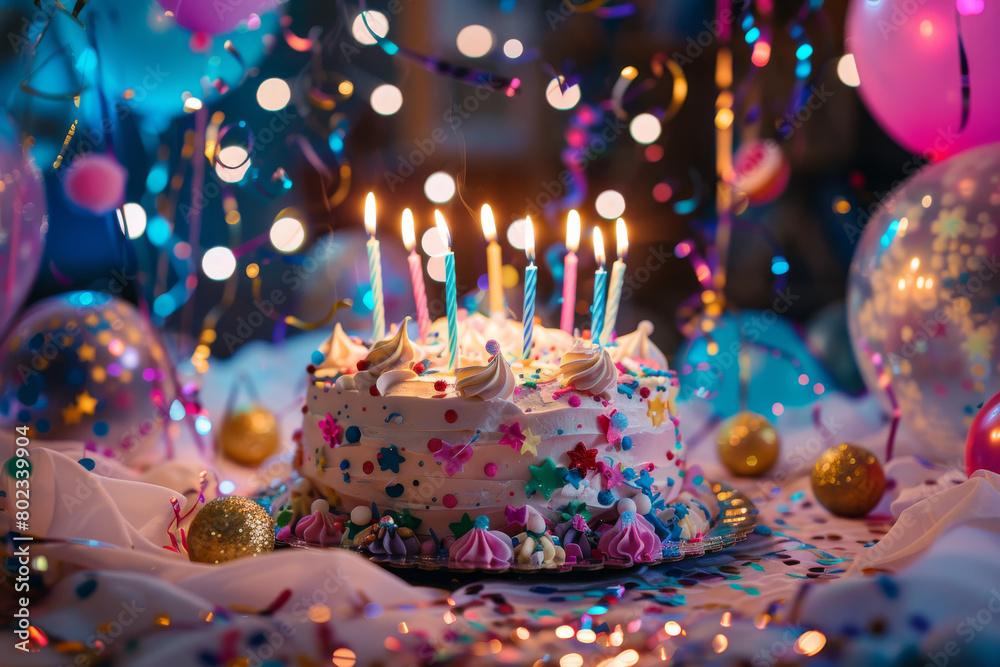 vibrant and colorful birthday cake with candles, surrounded balloons, in a lively party atmosphere vibrant and colorful birthday cake with candles, surrounded balloons, in a lively party atmosphere