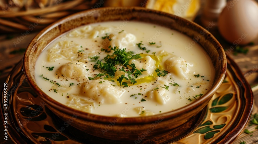 The cuisine of Belarus. Milk soup with raw potato dumplings.