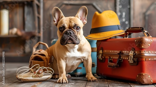 A french bulldog is ready to travel with his luggage and suitcase photo