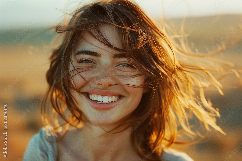 Portrait of a smiling young woman with her hair in the wind