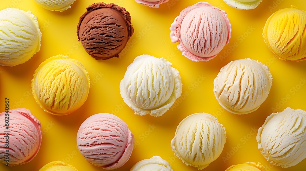 Assorted of ice cream scoops on yellow background Assorted of ice cream scoops on yellow background