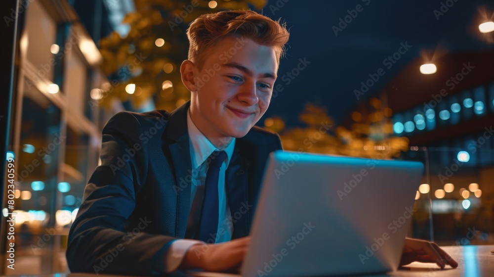 Young Professional Working Outdoors at Night Young Professional Working Outdoors at Night