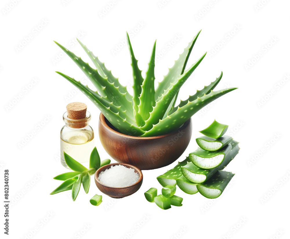 Fresh Aloe Vera slice with gel dripping isolated transparent background. top view flat lay herb skin care.
